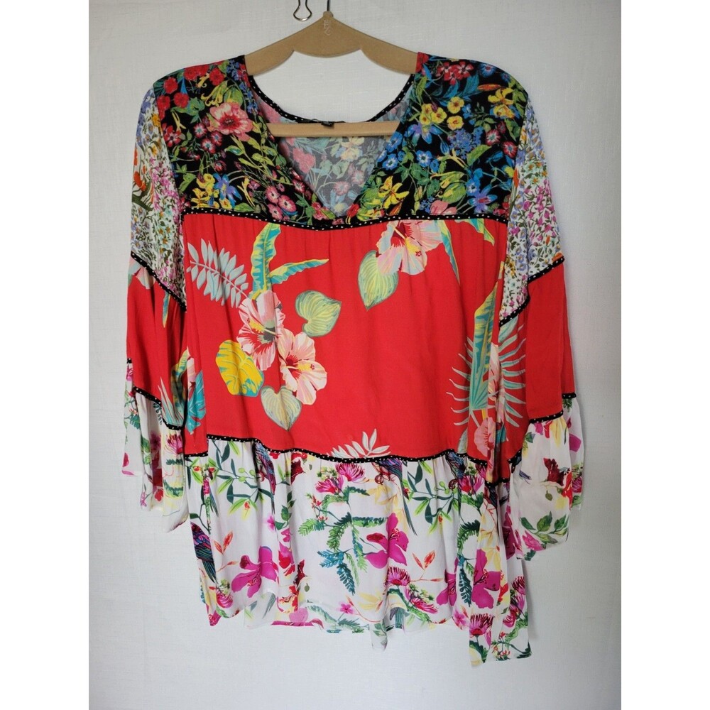 John Mark Floral Patchwork Red Pink White Boho Blouse